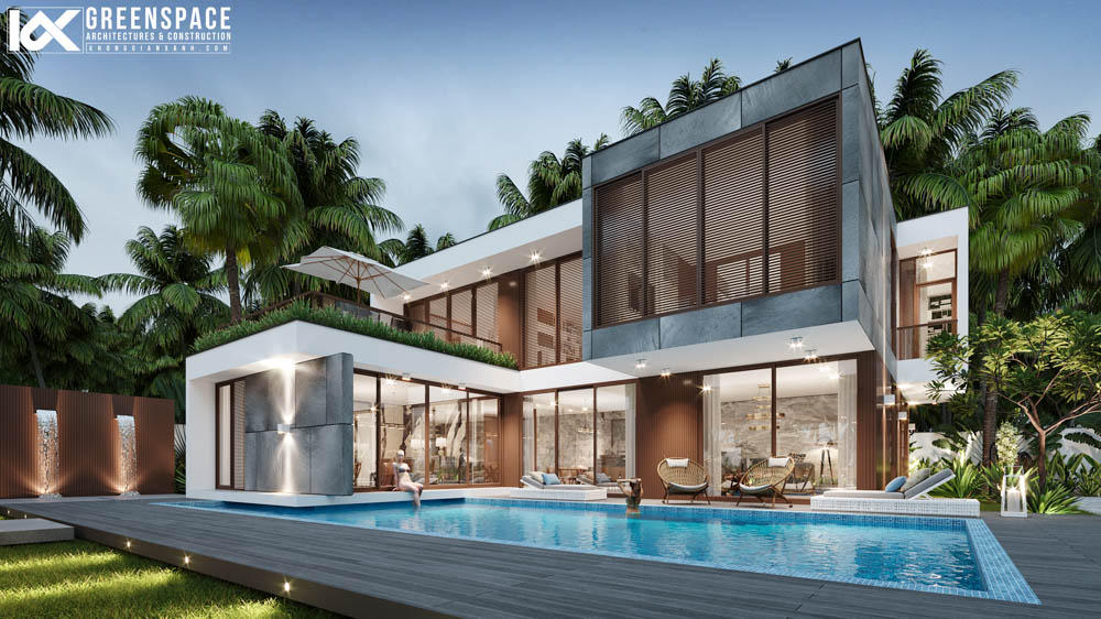 Thiết kế biệt thự hiện đại 2 tầng có hồ bơi HCM – P’Villa và cách tổ chức không gian sống xoay quanh hồ bơi trung tâm