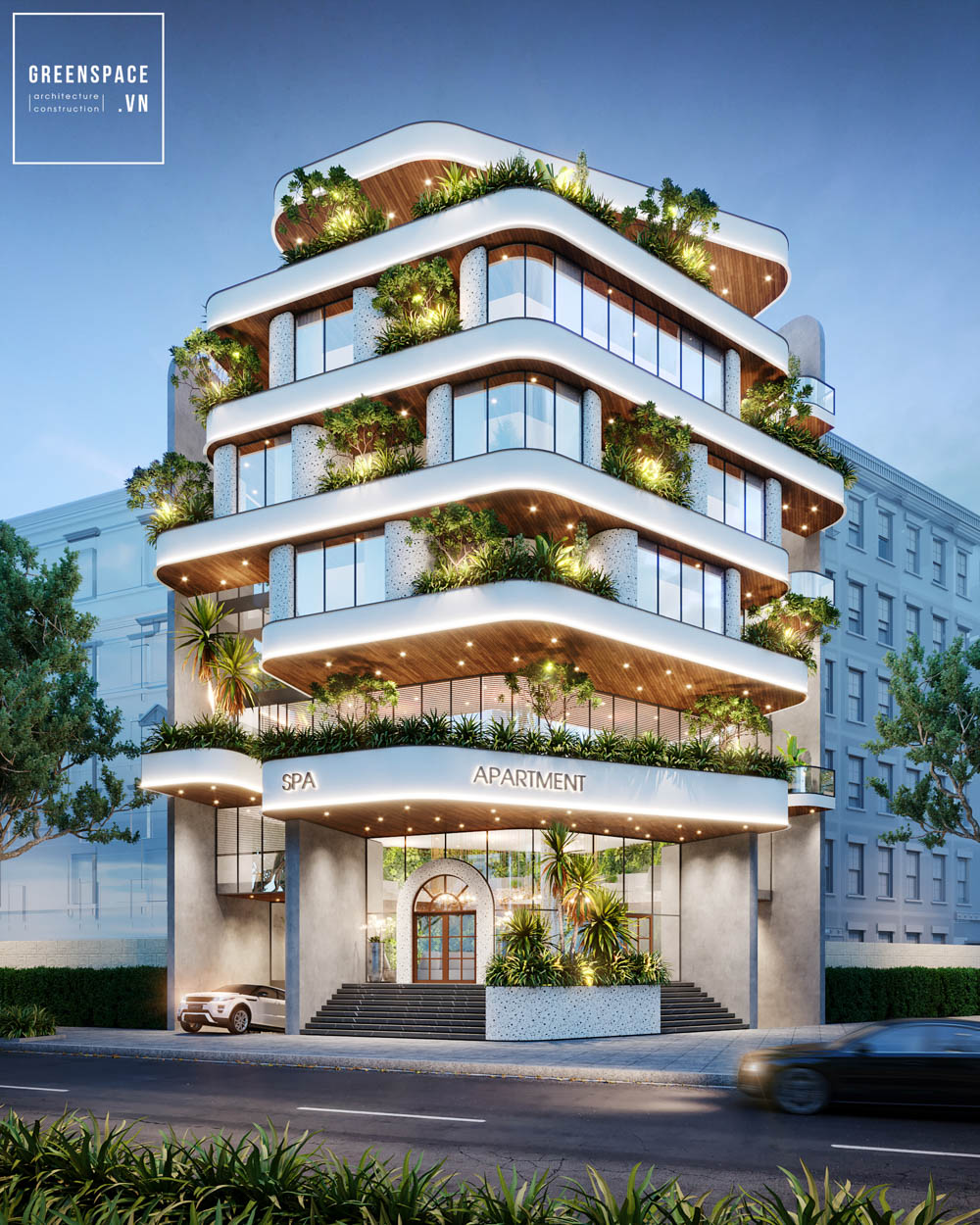 Thiết kế khách sạn 7 tầng HCM phong cách hiện đại – Q’Hotel và giải pháp tạo nhận diện bằng hình khối bo cong nhiều lớp